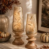 Juniper Pedestal Hurricane with Wood Base - Set of 2